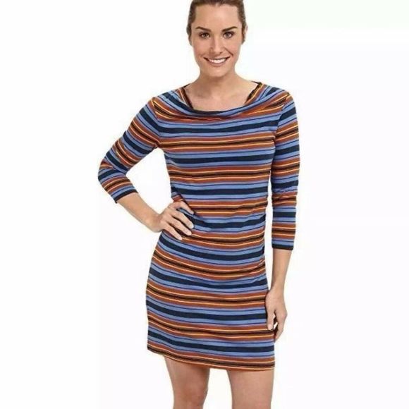 Patagonia Womens Small Dress Cowl Neck Andes Blue Orange Striped Dress - Picture 2 of 9
